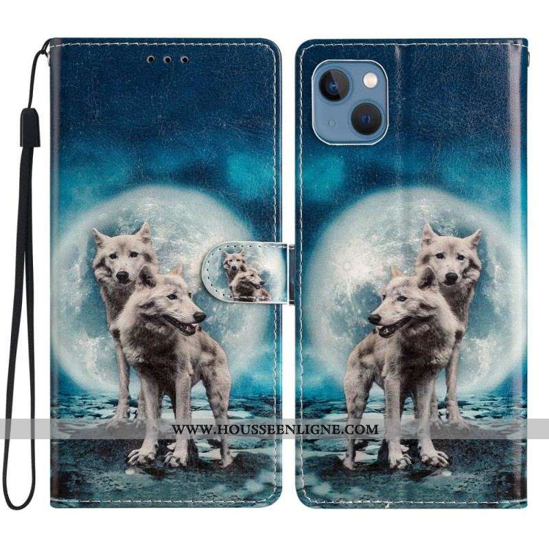 Housse iPhone 15 Loups sous la Lune à Lanière