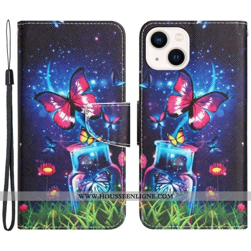 Housse iPhone 15 Papillons Magiques à Lanière