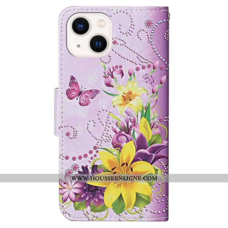 Housse iPhone 15 Papillons et Fleurs à Lanière