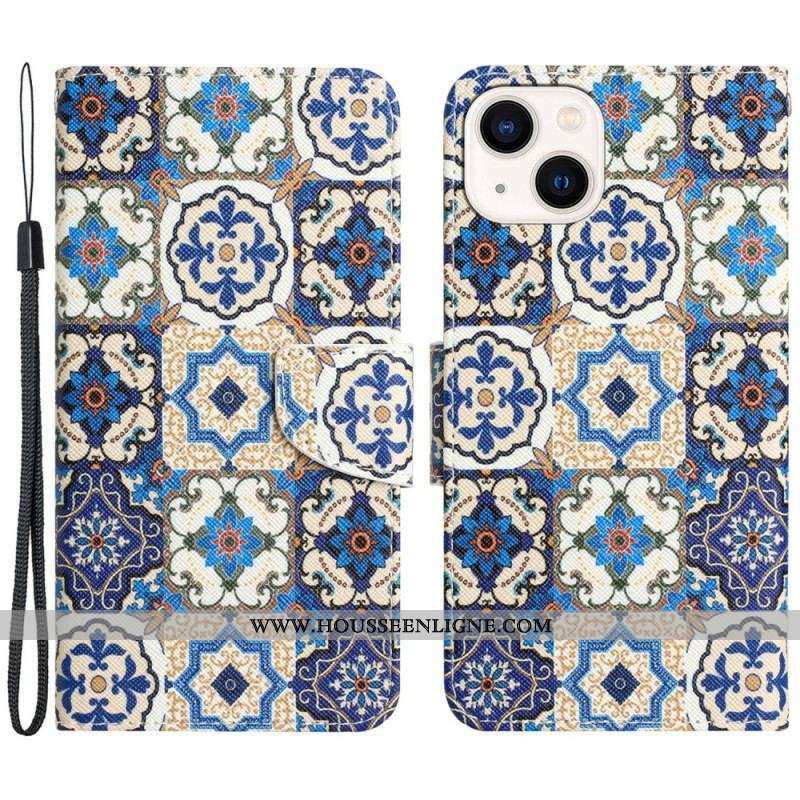 Housse iPhone 15 Patchwork Bleu à Lanière