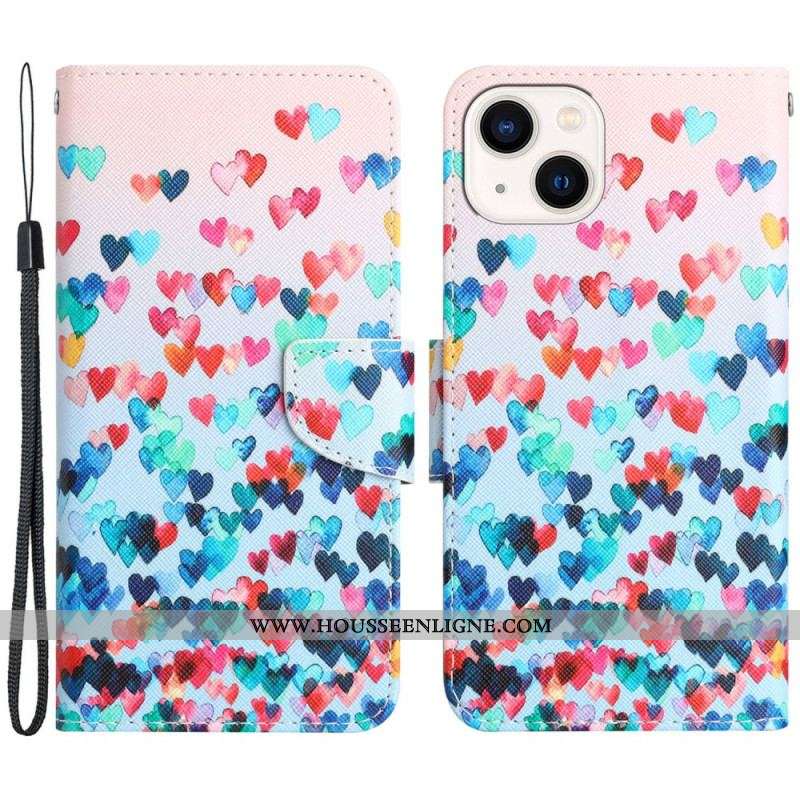 Housse iPhone 15 Pluie de Coeurs à Lanière