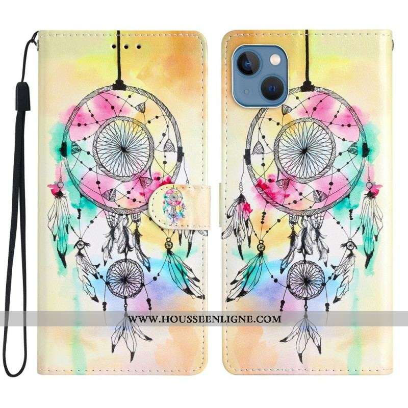 Housse iPhone 15 Plus Attrape Rêves Aquarelle à Lanière