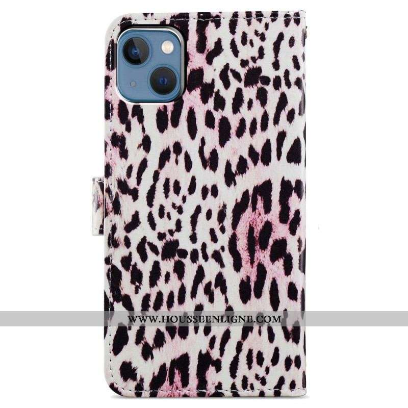 Housse iPhone 15 Plus Effet Peau de Léopard à Lanière