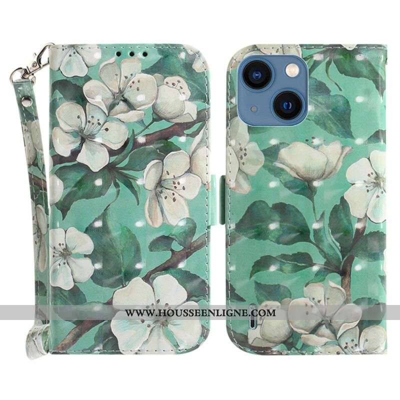 Housse iPhone 15 Plus Fleurs Blanches à Lanière