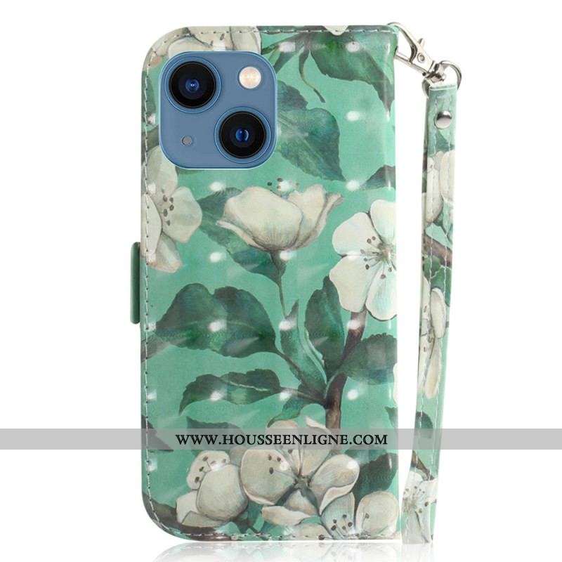Housse iPhone 15 Plus Fleurs Blanches à Lanière