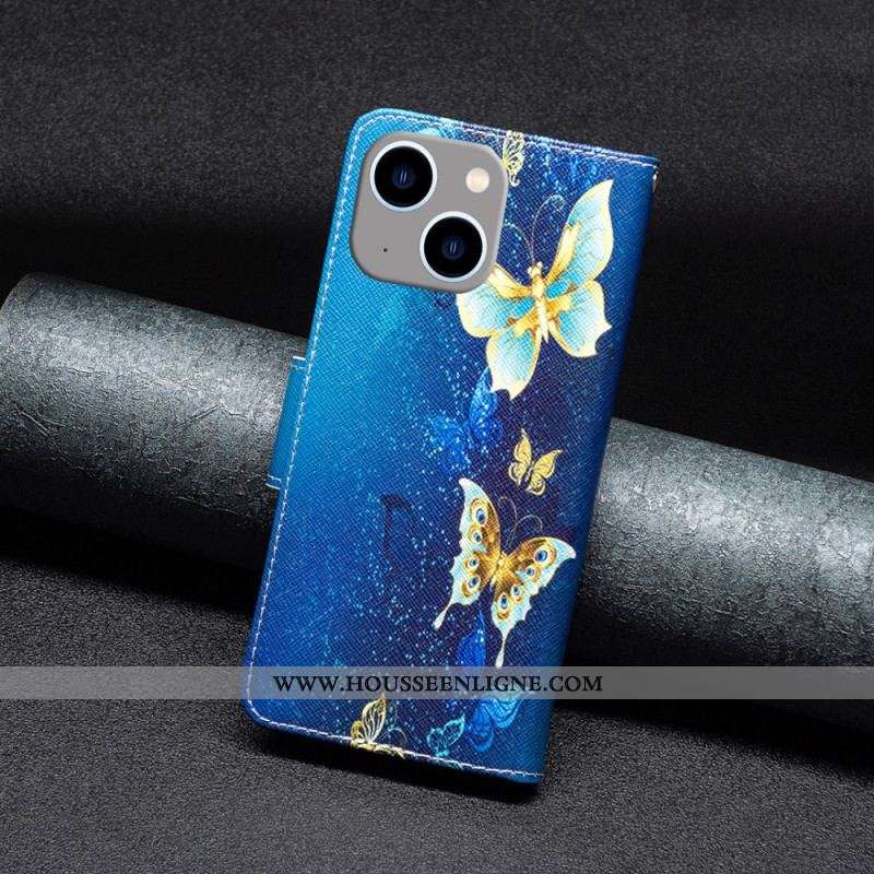 Housse iPhone 15 Plus Papillons sur Fond Bleu