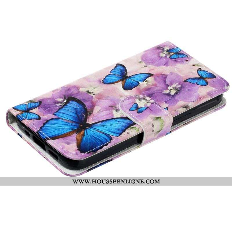 Housse iPhone 15 Plus Petits Papillons Bleus à Lanière