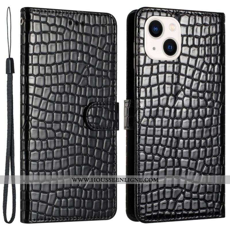 Housse iPhone 15 Plus Style Crocodile avec Lanière