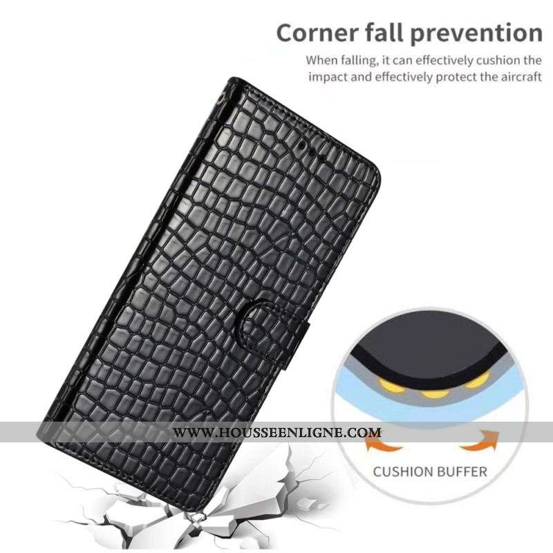 Housse iPhone 15 Plus Style Crocodile avec Lanière