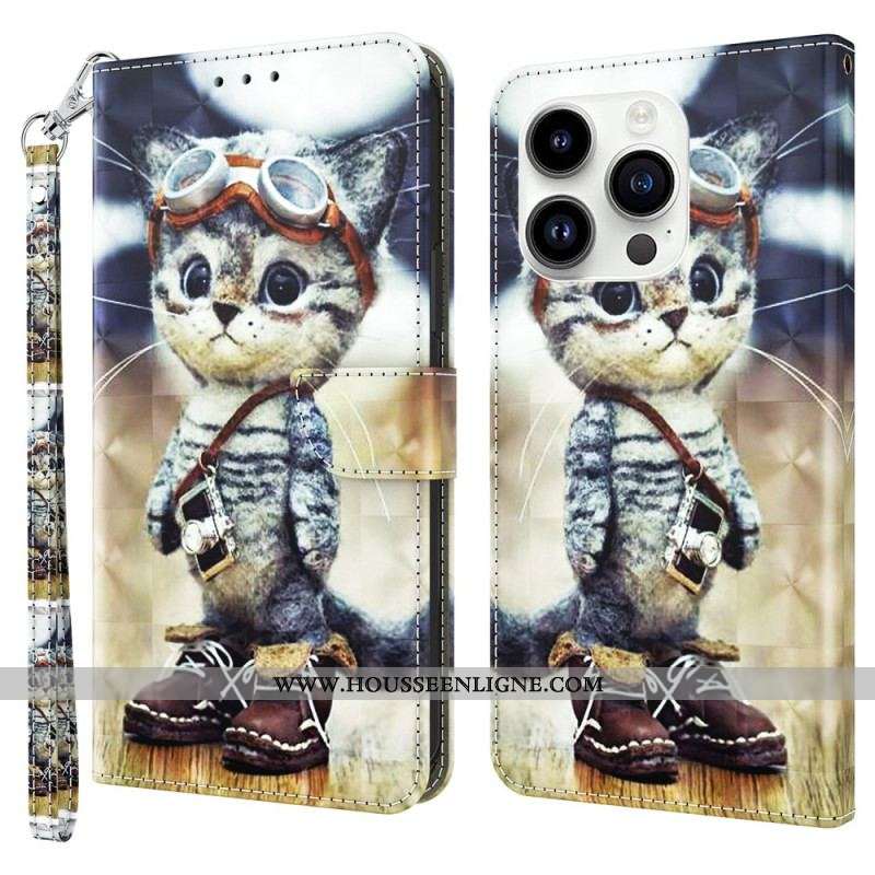 Housse iPhone 15 Pro Max Chat Aviateur à Lanière