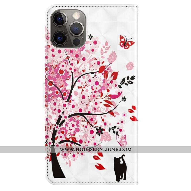 Housse iPhone 15 Pro Max Chat Sous l'Arbre Rouge 3D à Lanière