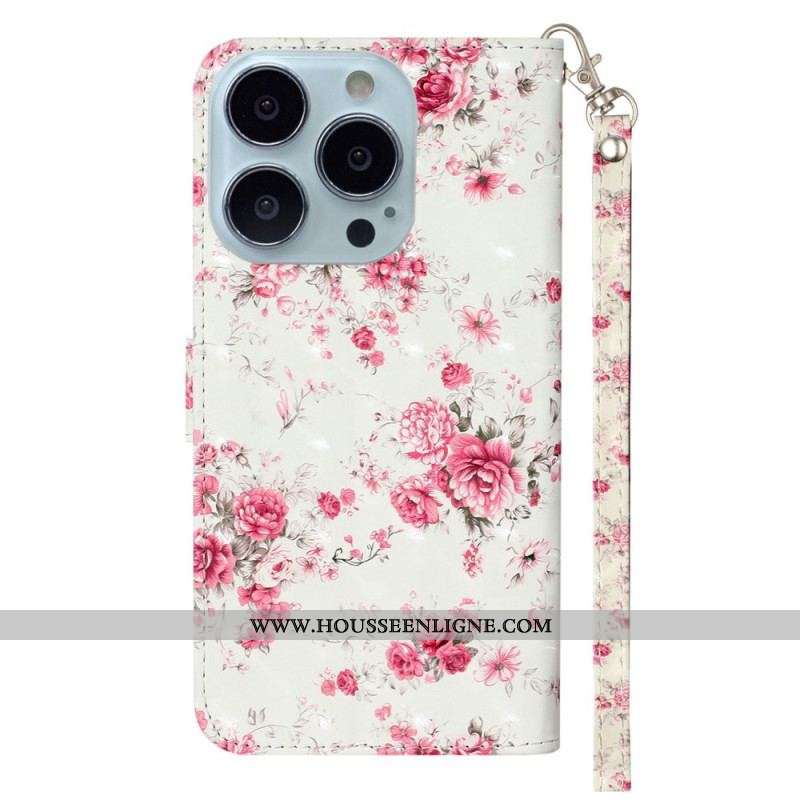 Housse iPhone 15 Pro Max Fleurs 3D à Lanière