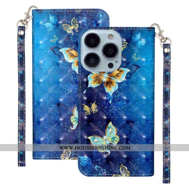 Housse iPhone 15 Pro Max Papillons 3D à Lanière