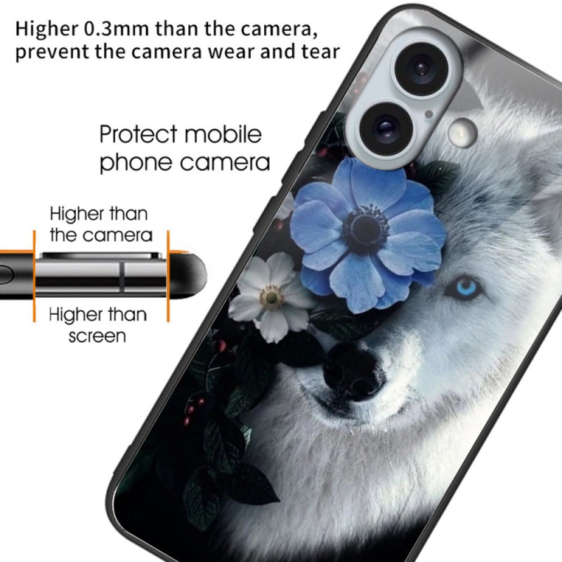 Coque iPhone 16 Plus Verre Trempé Loup et Fleur Bleue