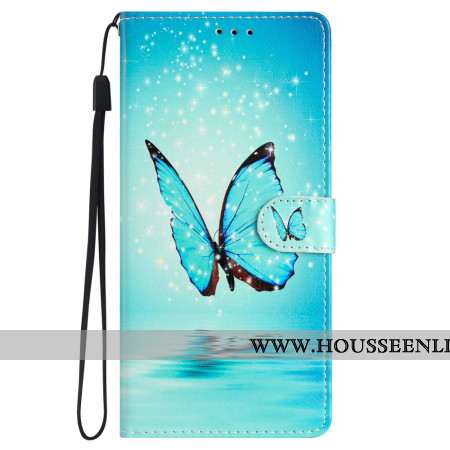 Housse Samsung Galaxy S24 5G Papillons Bleus à Lanière