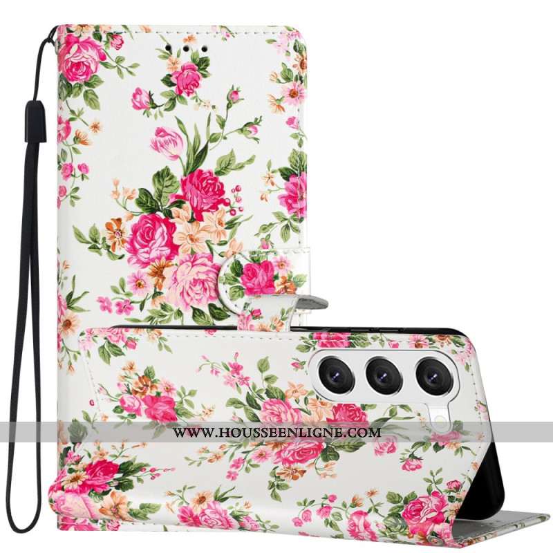 Housse Samsung Galaxy S24 Plus 5G Fleurs Rouges à Lanière