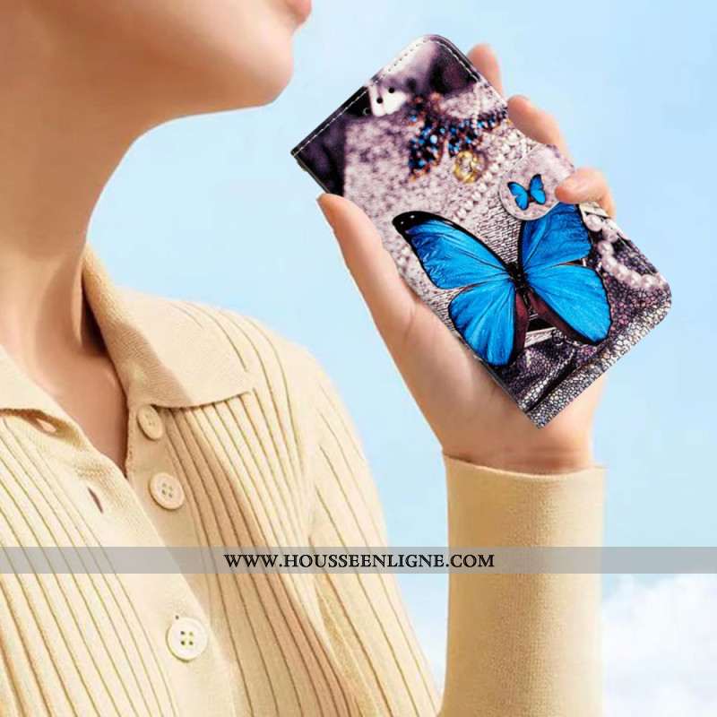 Housse Samsung Galaxy S24 Ultra 5G Papillon Bleu à Lanière