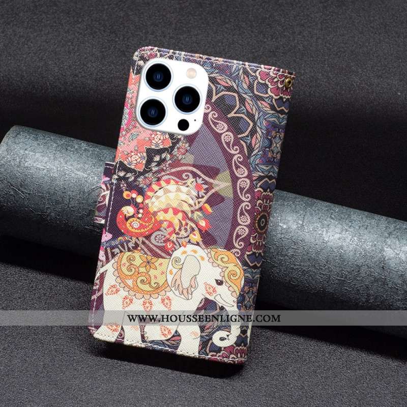Housse iPhone 16 Pro Max Portefeuille Éléphant Tribal à Lanière